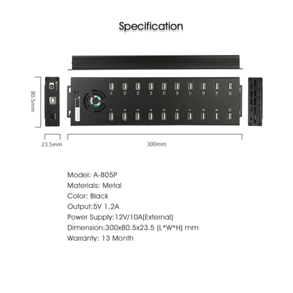 20-Port USB 2.0 Charging Hub with 12V Power Adapter