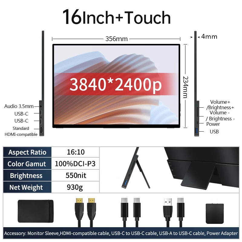 16 Inch 4K Touch Portable Monitor for Laptop Switch
