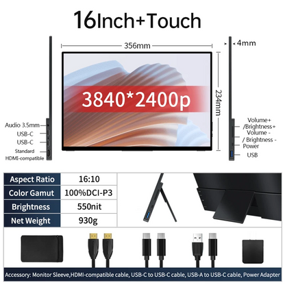 16 Inch 4K Touch Portable Monitor for Laptop Switch