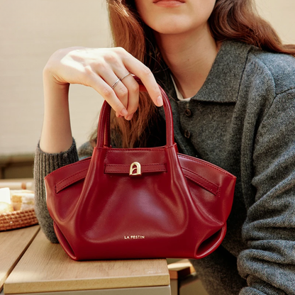 Burgundy Leather Bucket Shoulder Bag Small Crossbody Purse