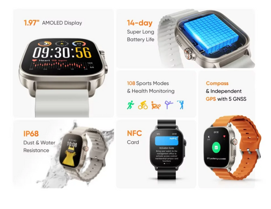 AMOLED GPS Smart Watch Silver-Green 14-Day Battery