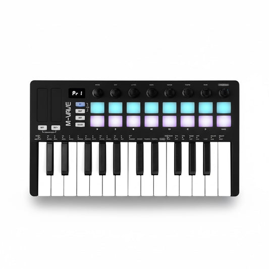 Compact 25 Key MIDI Controller with Drum Pads and Knobs