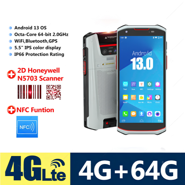 Rugged Android 13 NFC 2D Barcode Scanner 4GB 64GB