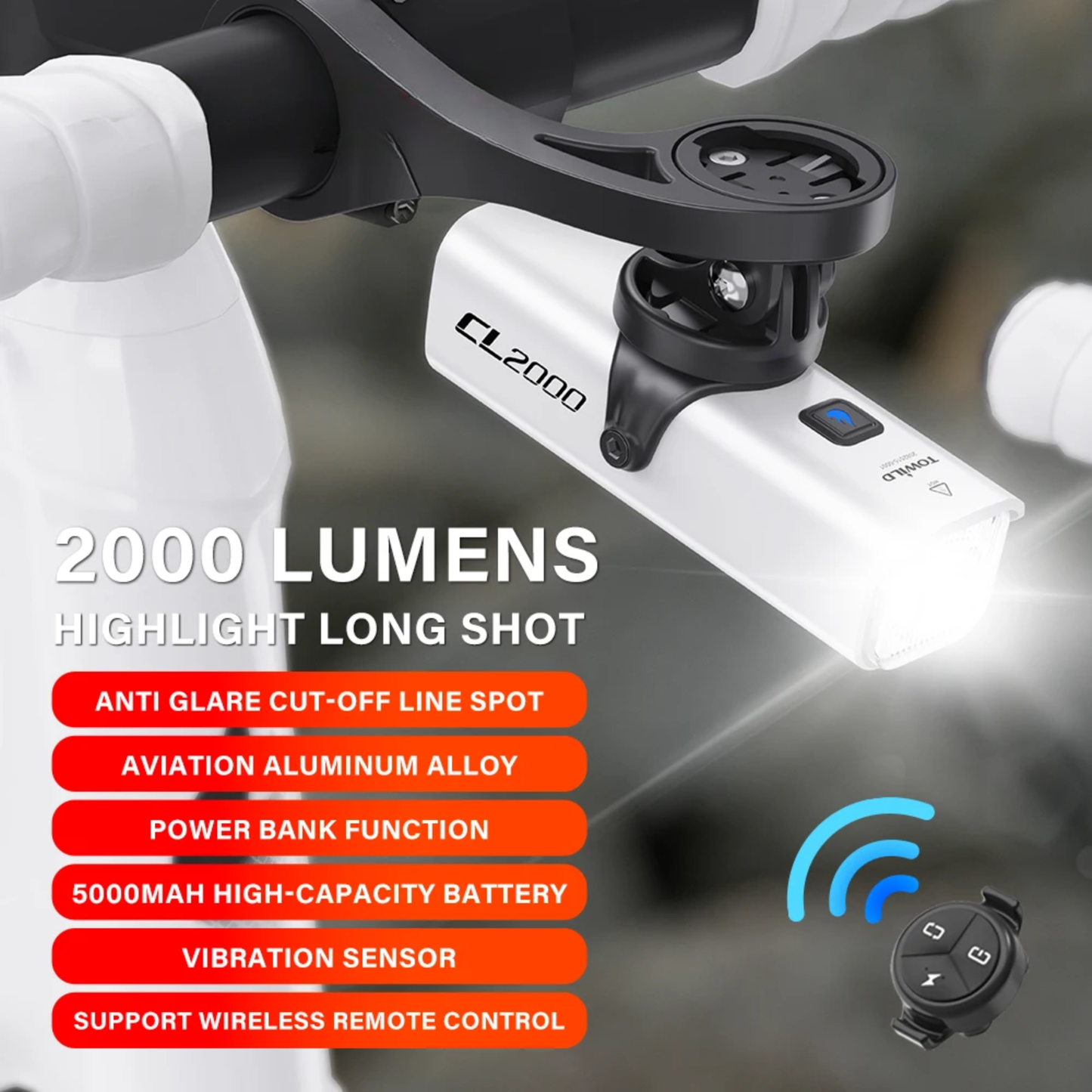 White Intelligent 2000LM Rechargeable Bike Headlight with Cut Off