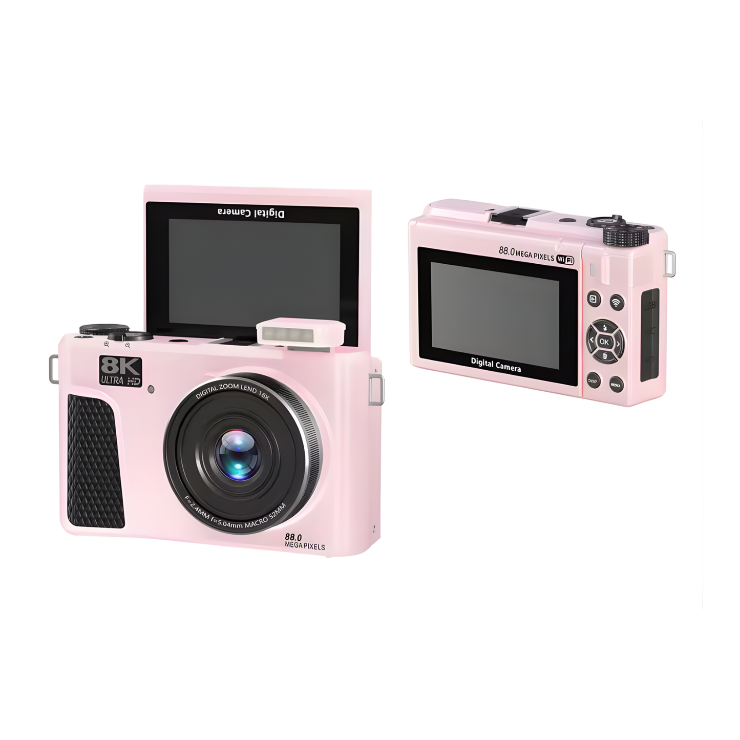 Pink Digital Camera 8K 88MP WiFi Flip Screen 18x Zoom