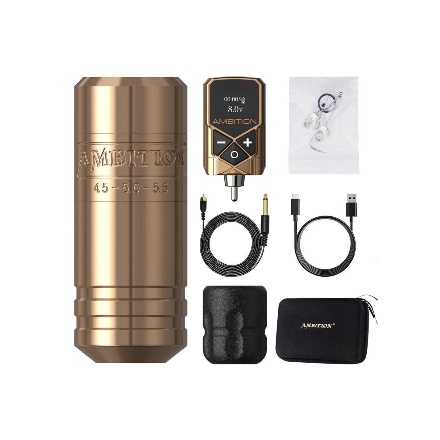 Cordless Gold Tattoo Machine Set with Adjustable Stroke and Case