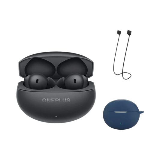 Portable Gray Earbuds with Blue Case and Noise Cancelling