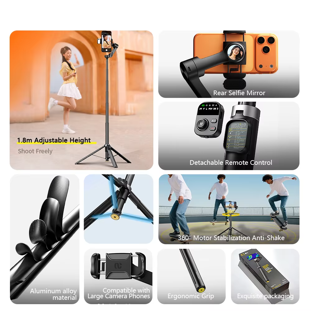 3-Axis Smartphone Gimbal Stabilizer with AI Tracking & Fill Light