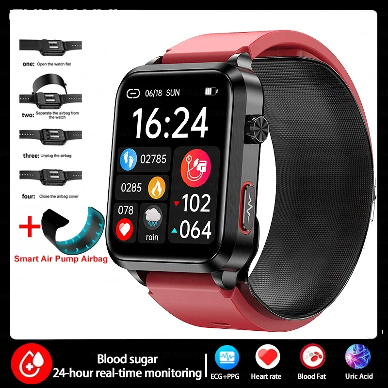 Red Smartwatch with Heart Fat & Uric Acid Monitor