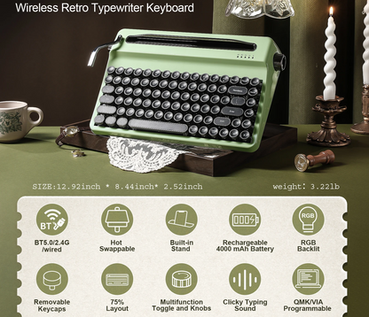 Green Wireless Typewriter Keyboard with RGB Backlight Tactile Switches