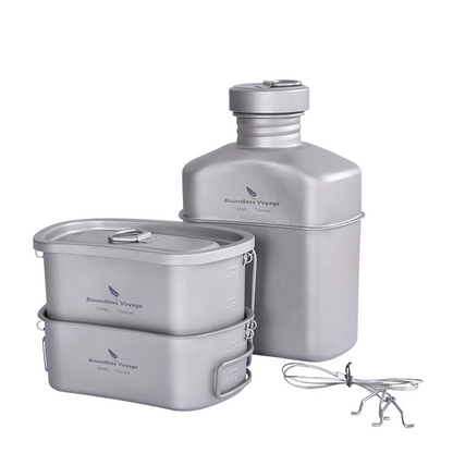 Titanium Camping Canteen Set Military Pot Pan Lid Chain