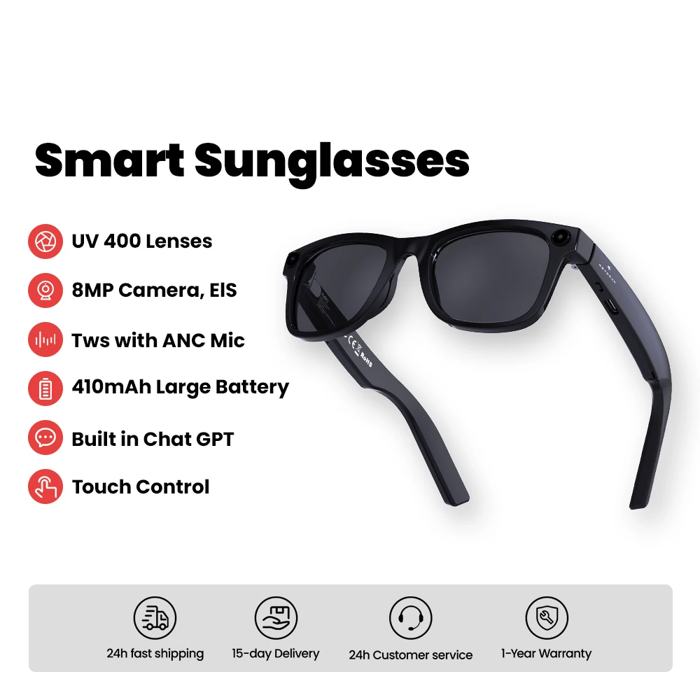 Black AI Smart Bluetooth Glasses UHD Camera Stabilized Video