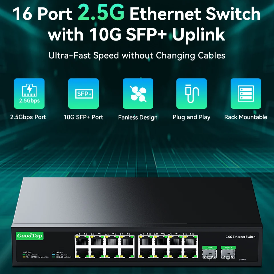 16 Port 2.5G Ethernet Switch with Dual 10G SFP Uplink