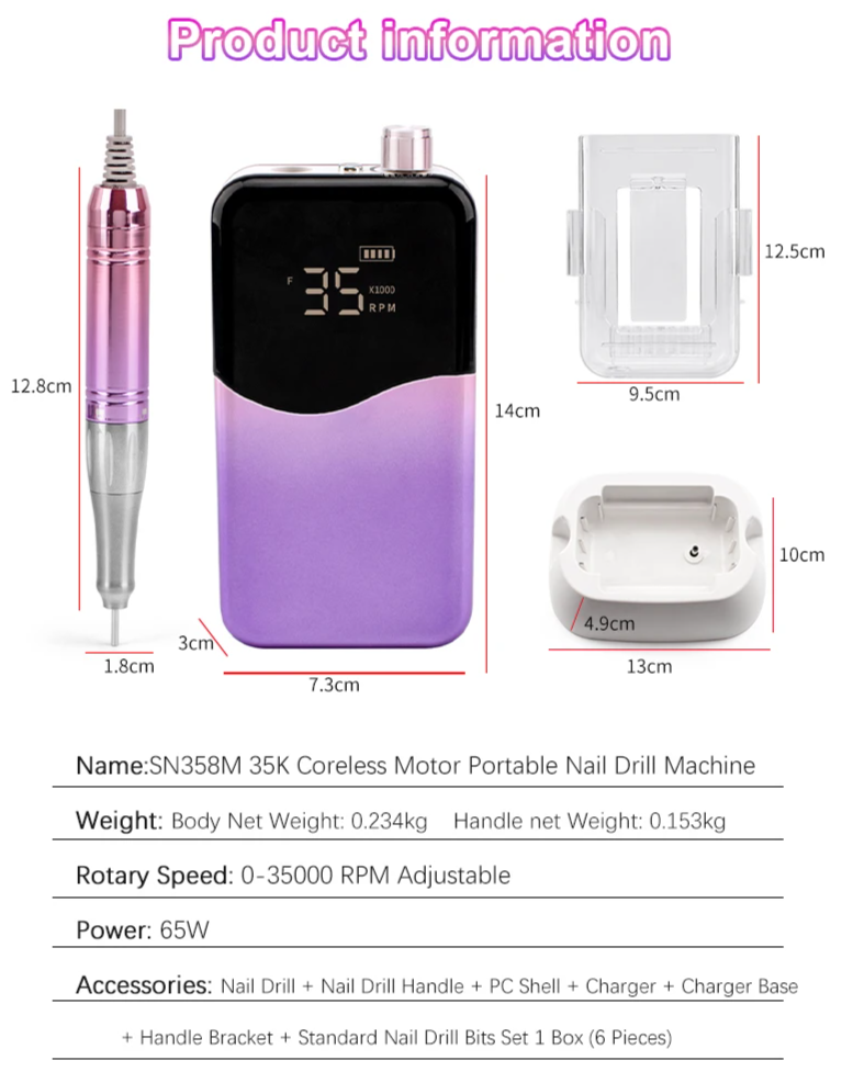 Professional 35K RPM Purple Cordless Nail Drill with Base