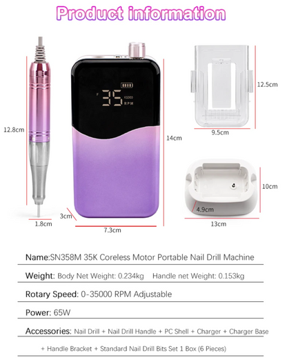 Professional 35K RPM Purple Cordless Nail Drill with Base