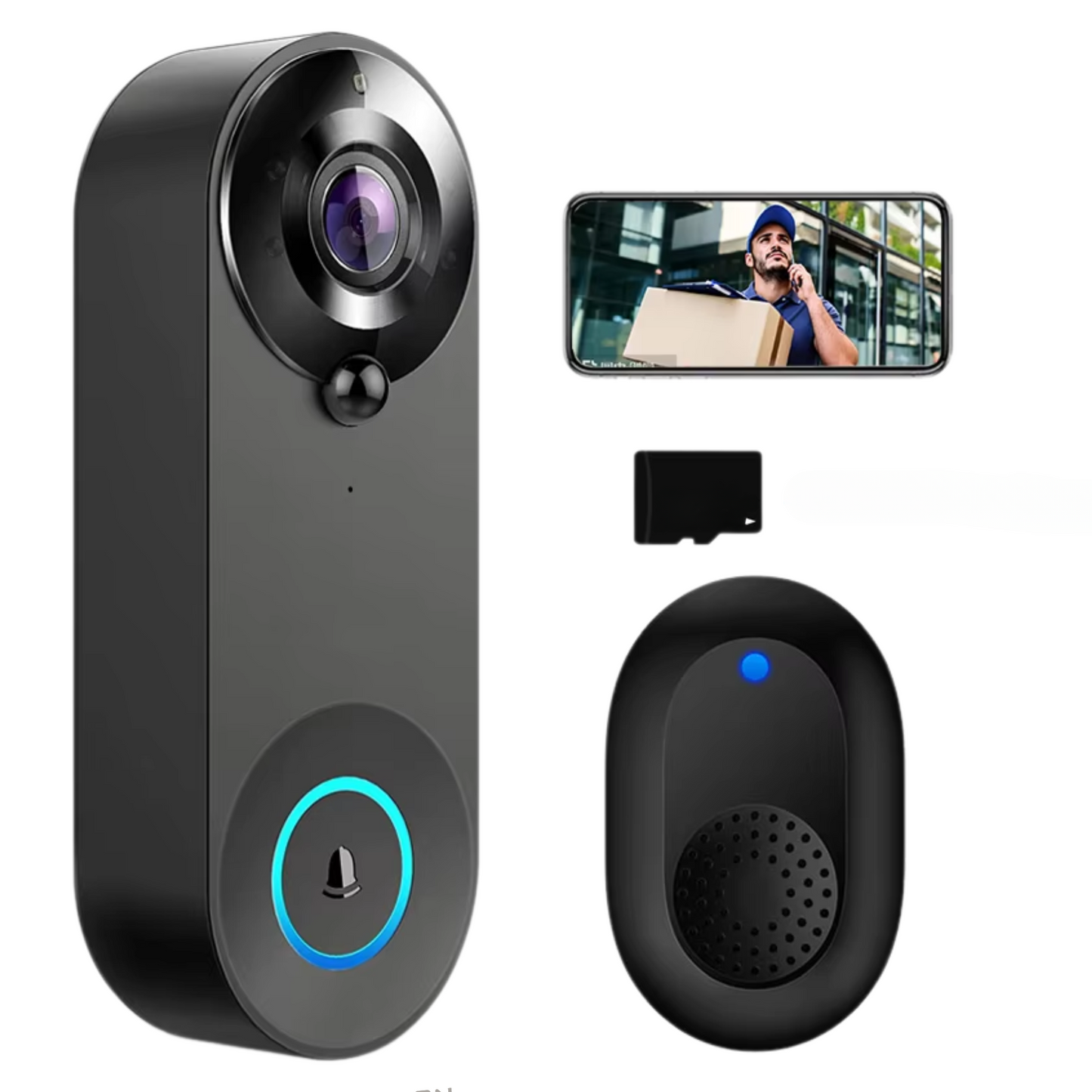 Wireless 1080P Black Doorbell Camera with 64GB Storage