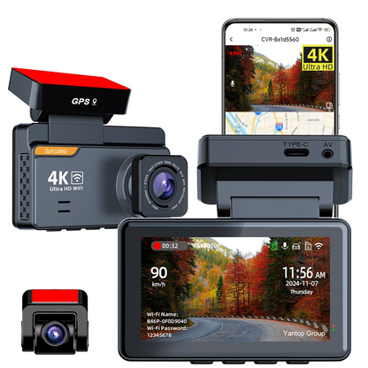 4K Dash Cam Dual Lens GPS WiFi 3 Inch 1080P Rear Camera