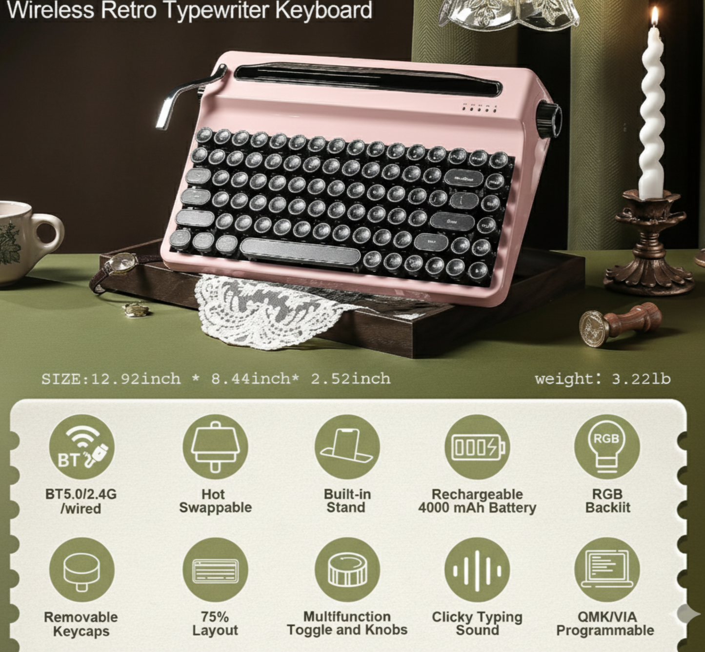 Wireless Retro Mechanical Keyboard Pink RGB Typewriter Style Linear Switch