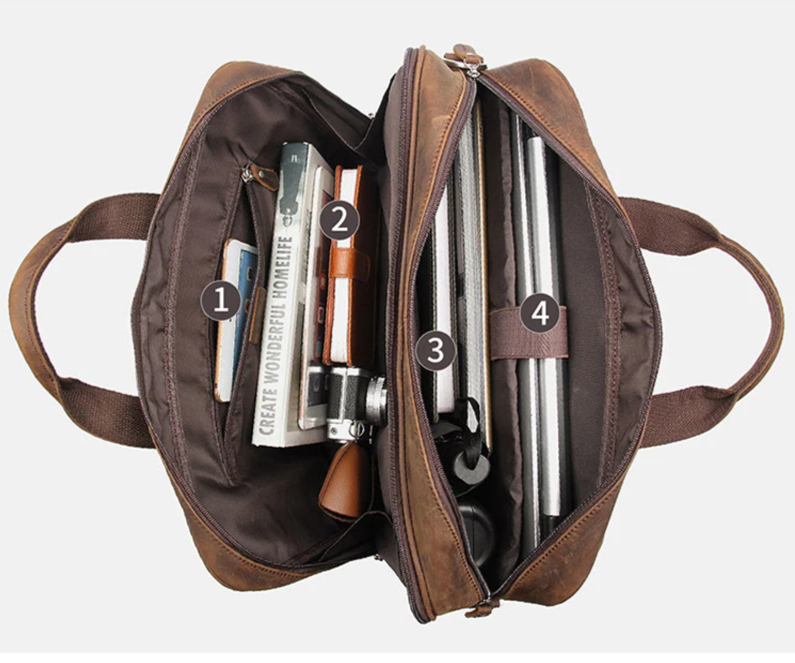 Coffee Leather Business Laptop Bag 17" with Shoulder Strap