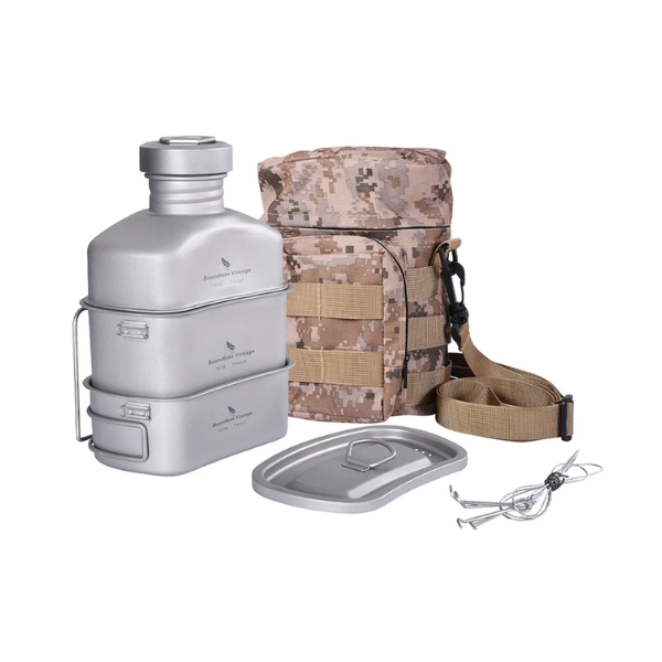 Titanium Camping Cookware Set 1100ml Bottle 750ml Pot 400ml Bowl