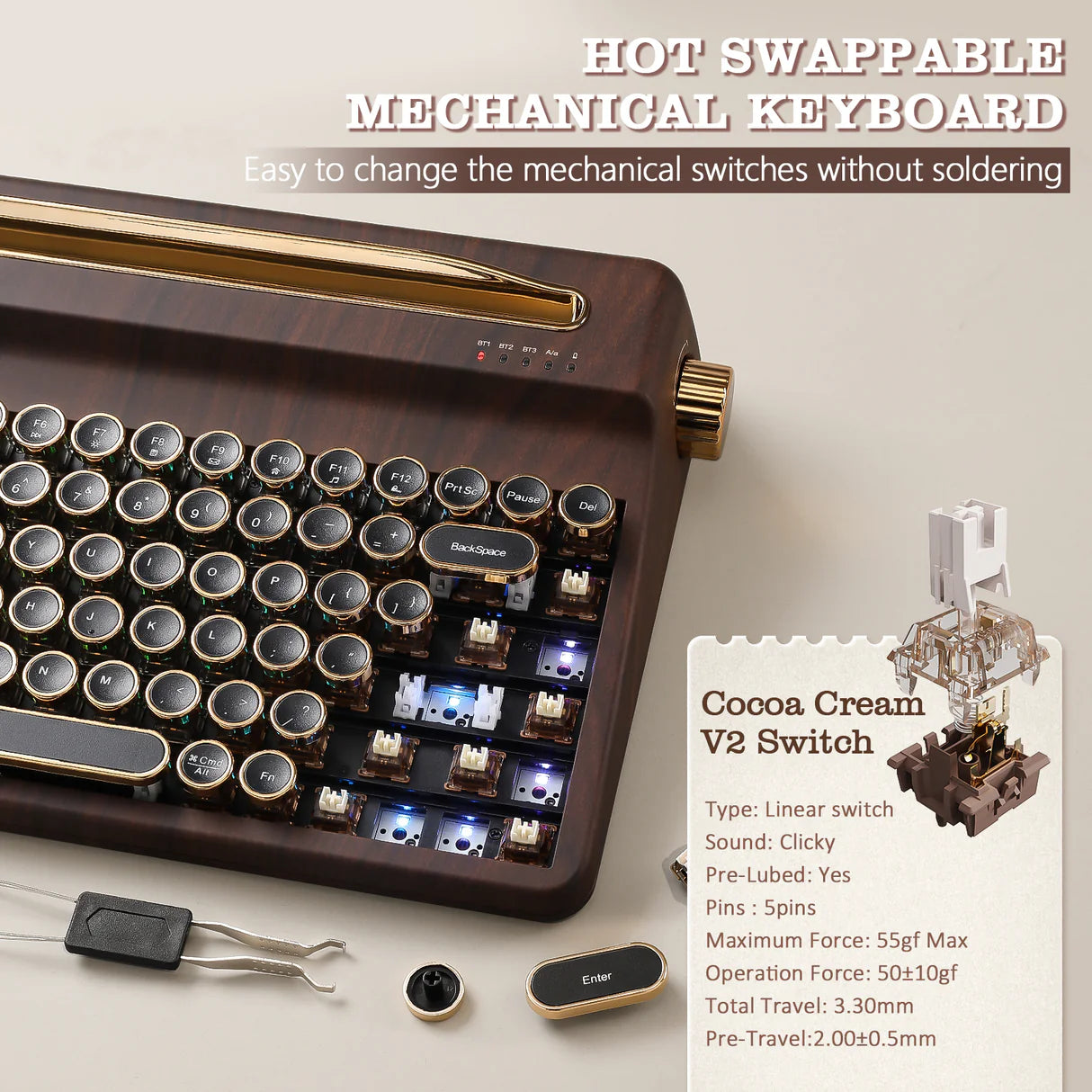 Wood Grain Wireless Mechanical Keyboard Cocoa Cream V2 Linear